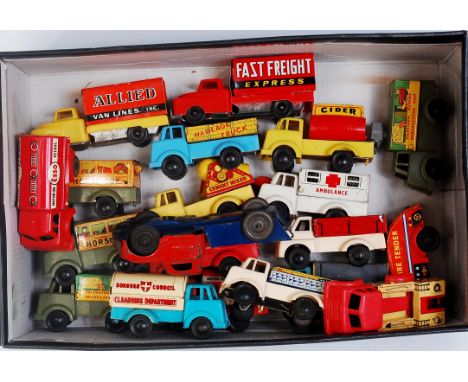 Collection of mixed tinplate and plastic vehicles by Brimtoy, Pocketoy and others, 20 examples, to include Television Outside