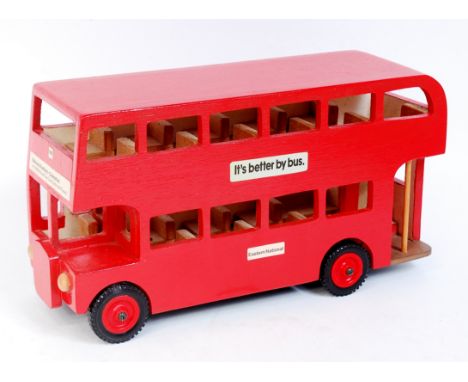 Dereham Hobbies of England, wooden and factory built Double Decker Bus, with leaflet and paperwork, to measure 14.5" long, we