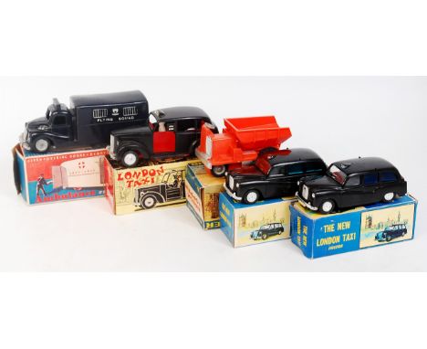 Hong Kong and Mettoy plastic friction drive group, to include Lucky Toys of Hong Kong London Taxi (VG-BG), 2x Hong Kong Issue