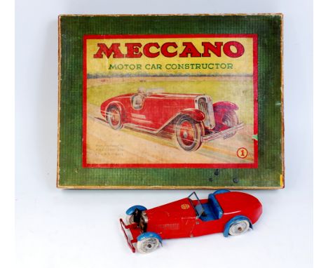 Meccano No.1 Motor Car Constructor, blue and red example, in the original labelled all card box, Meccano transfer to bonnet, 