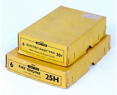 Dinky Toys Empty Trade Box, No.50019 6x 25H Fire Engine, sold with Dinky Toys Empty Trade Box No.50058 6x 30V Electric Dairy 
