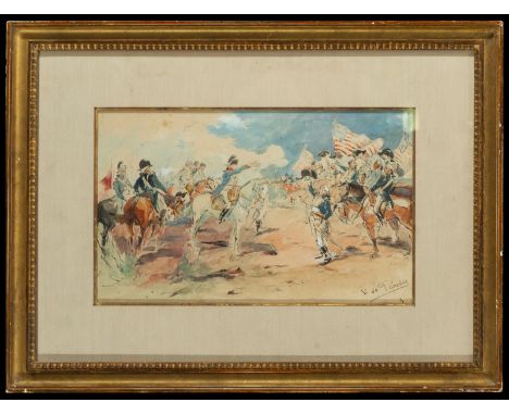 Watercolour and pen on paper, signed "V. De Paredes", label on the back "Whashington addressing his army". Dimensions: 50 x 3