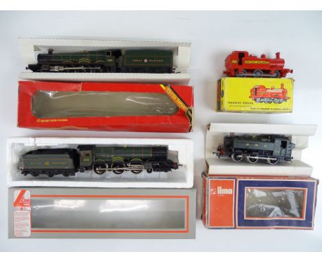 A group of OO Gauge steam locomotives by LIMA and HORNBY all in GWR livery together with a BUDGIE diecast railway engine in o