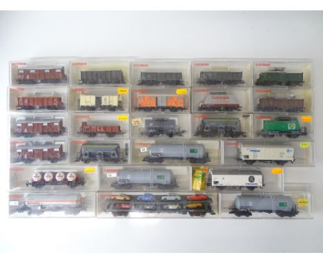 A collection of German Outline HO Gauge freight wagons by FLEISCHMANN - Generally G (dusty where removed from layout) in G bo