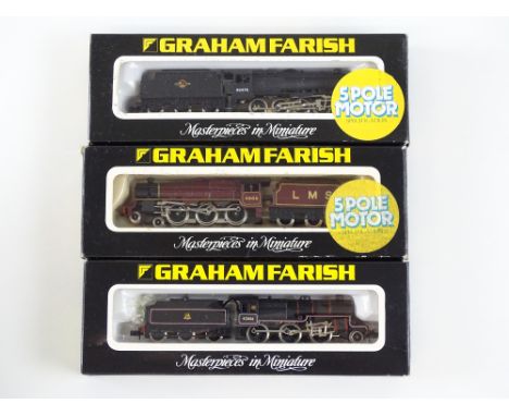 A group of British Outline N Gauge steam locomotives by GRAHAM FARISH to include a Class 8F - 2 in BR and 1 in LMS liveries -