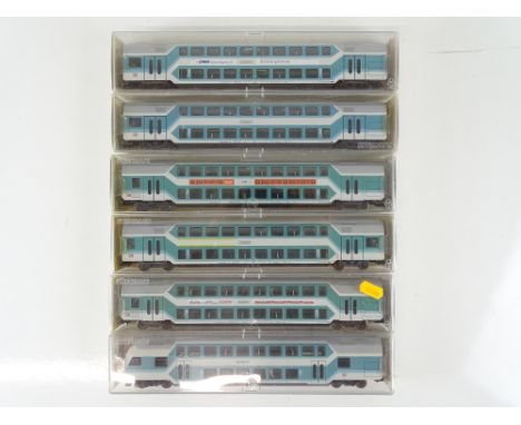 A group of HO Gauge German Outline double deck push-pull coaches by FLEISCHMANN in DB blue/grey livery - G/VG in G boxes (6)