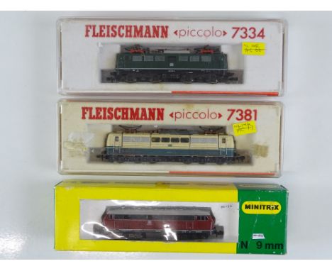 A group of N Gauge German Outline diesel and electric locomotives by FLEISCHMANN and MINITRIX - G in F/G boxes (3)