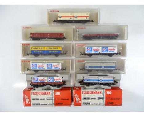 A selection of HO Gauge German Outline container and flat wagons by FLEISCHMANN - G in G boxes (9)