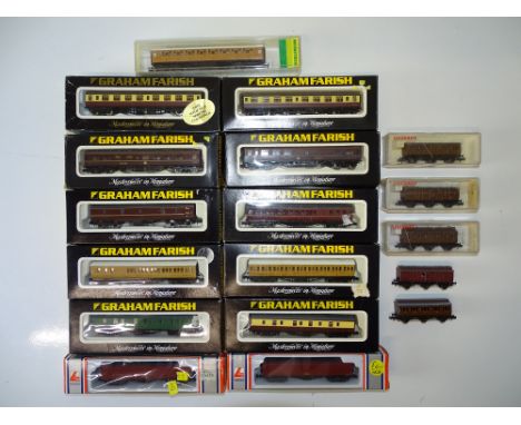 A mixed group of British Outline N Gauge coaches and luggage vans by GRAHAM FARISH and others to also include a set of five k
