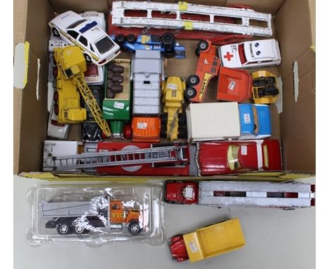 A BOX OF ASSORTED DIE-CAST VEHICLES to include Corgi Toys P1800 Volvo Saint livery, Police vehicles, Land Rover LWB recovery 