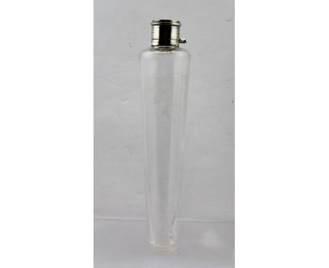 A TAPERING GLASS HUNTING FLASK with hinged, plated twist cap 