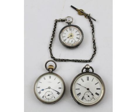 THREE SILVER CASED POCKET WATCHES, comprising two gentleman's open face watches with white enamel dials and Roman numerals, o