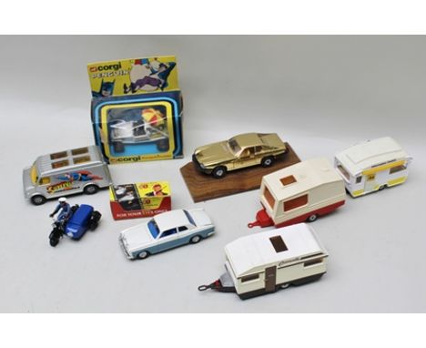 A CORGI PENGUIN MOBILE 259 IN ovb, Corgi Chevrolet van Superman livery, Corgi Matchbox and a Majorette caravan, Corgi James B