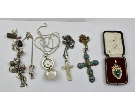 A 9CT GOLD AND ENAMEL WATCH FOB, of bowling interest, in original case of issue, together with a cast silver 'LOVERS' PENDAND