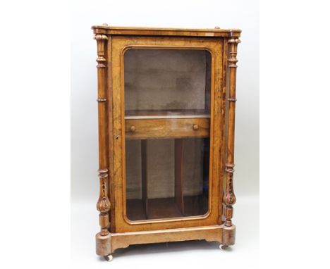 A VICTORIAN WALNUT INLAID MUSIC CABINET with cast brass bar gallery top, with decorative turned pilaster side supports flanki