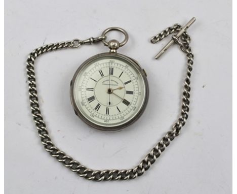 A LATE VICTORIAN SILVER CASED POCKET WATCH, the enamel dial inscribed "centre seconds chronograph", Chester 1892, together wi