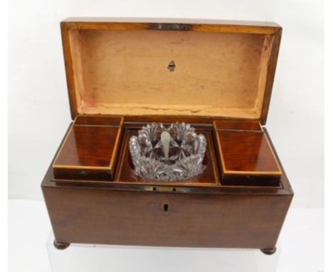 A LATE GEORGE III MAHOGANY TEA CADDY, the rectangular box fitted with two inner lidded compartments and central glass bowl, t