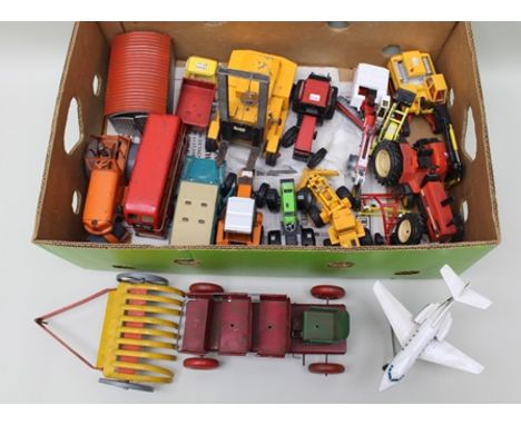 A BOX OF ASSORTED TIN PLATE DIE-CAST AND PLASTIC MODELS many construction and agricultural including Tri-ang Minic Toys road 