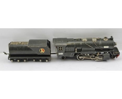 A LIONEL O GAUGE TIN-PLATE 2-4-2 RAILWAY ENGINE AND TENDER, grey livery, engine bears no.255-E and a plaque 'Made by The Lion