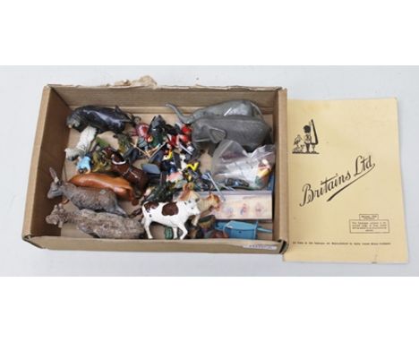 A BOX OF ASSORTED LEAD AND OTHER CAST ANIMALS AND FIGURES including, bulls, elephants, donkey, cow, frogs, eagle, washing lin