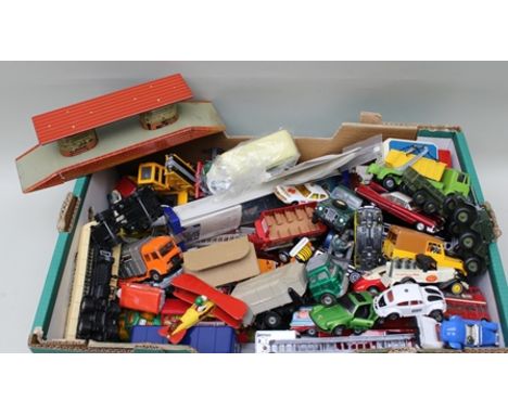 A LARGE BOX OF ASSORTED DIE-CAST VEHICLES including Corgi, Dinky, Matchbox and others, a Brim Toy tin-plate station and other