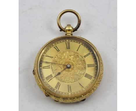 A LADY'S 18K GOLD CASED FOB OR POCKET WATCH, having an ornately chased case, engraved dial centre of flowers, the gilt face w