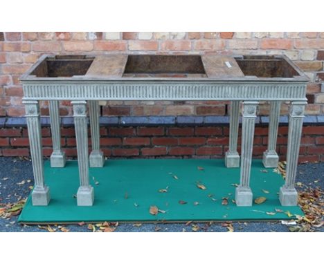 A 20TH CENTURY CONSOLE TABLE FRAME, raised on squared fluted supports, without top, 176cm wide x 70cm deep x 87cm high 