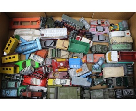 A BOX OF ASSORTED DIE-CAST PLAY WORN VEHICLES including; Corgi Toys, Dodge Truck, Matchbox garages, Estate Ambulance, Dinky T