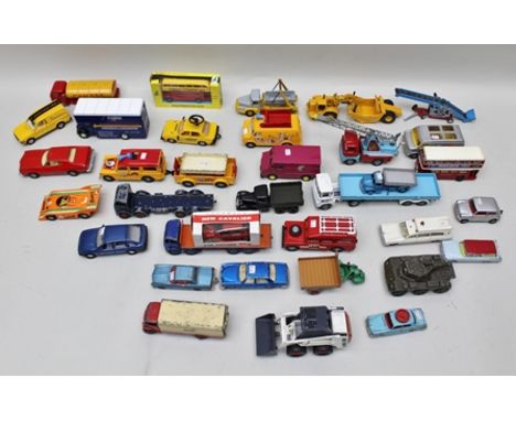 A BOX OF ASSORTED DIE-CAST including Dinky Supertoys skip lorry, Joll Miniatures earth mover, Corgi Major Toys Circus crane, 