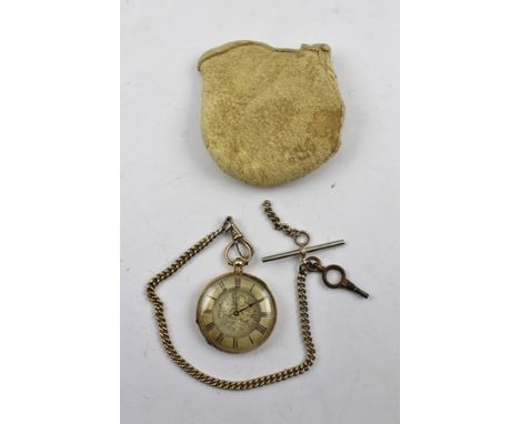 A LATE VICTORIAN GOLD CASED LADY'S POCKET WATCH, having engine turned case, engraved with blind shield cartouche and belt mot