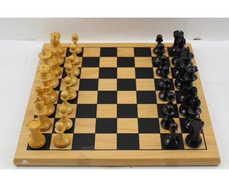 A STAUNTON PATTERN CHESS SET, polished and stained wood, Kings 7.5cm high, complete thirty-two pieces, in stained wood box wi