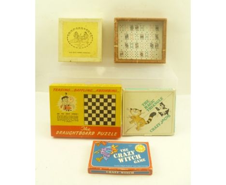 A SELECTION OF FIVE VINTAGE PUZZLES; "Nine Men's Morris", The Draughtboard Puzzle, The Crazy Witch Game and The Magic Triangl