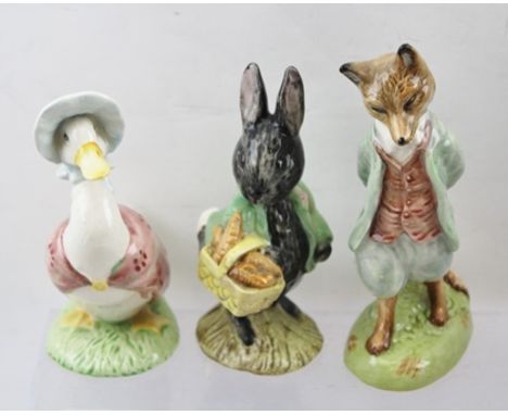 THREE ROYAL ALBERT CERAMIC FIGURINES "Little Black Rabbit", "Foxy Whiskered Gentleman" and "Jemima Puddleduck", all from the 