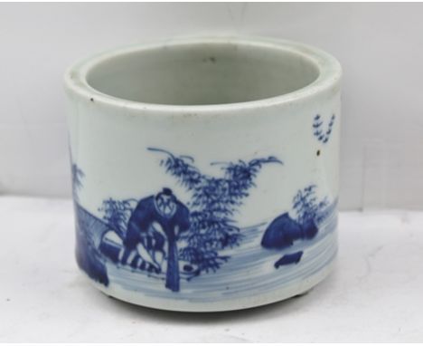 A CHINESE CHING DYNASTY CERAMIC BOWL of cylindrical form, in cobalt blue painted in the round with a water scene with fisherm