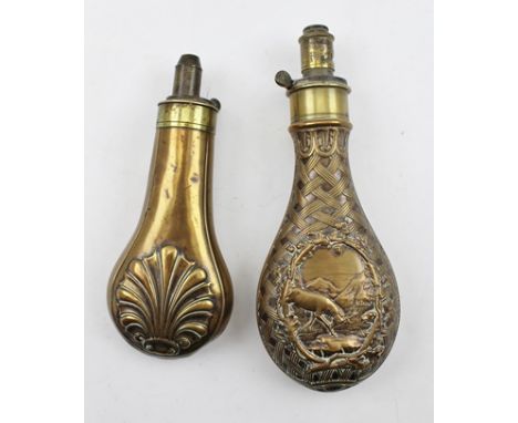 A 19TH CENTURY EMBOSSED BRASS POWDER FLASK, the body of woven wicker form with a cartouche decorated with a Stag at Bay, over