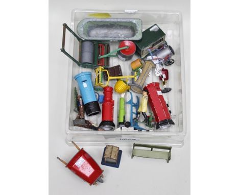 A COLLECTION OF DINKY AND OTHER DIE-CAST COLLECTABLES including; lawn mowers, garden roller, wheelbarrow, various letter boxe