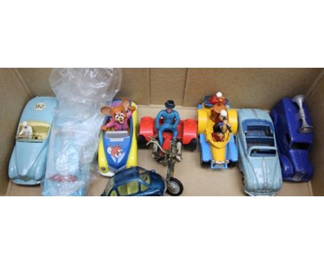A DINKY TOYS SUNBEAM ALPINE 107 with driver, Dinky Toys Tannoy van, Austin Atlantic convertible, Popeye Paddle wagon motorbik