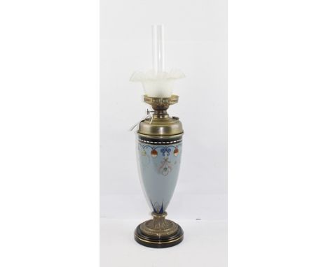 A FRENCH OIL LAMP with painted glass base, circa 1910 