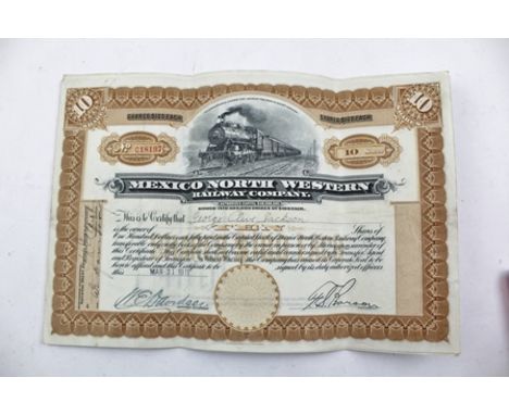 THIRTEEN SHARE CERTIFICATES FOR THE "MEXICAN NORTH WESTERN RAILWAY COMPANY" (there are eight "10 shares" dated 1911, 19cm x 2
