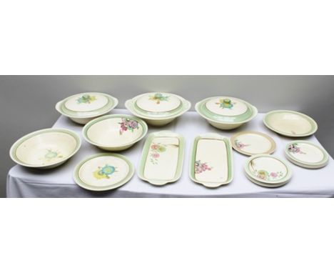 CLARICE CLIFF HONEYDEW PATTERN TEA & DINNER WARES comprising; two rectangular sandwich plates, ten various side plates, one s
