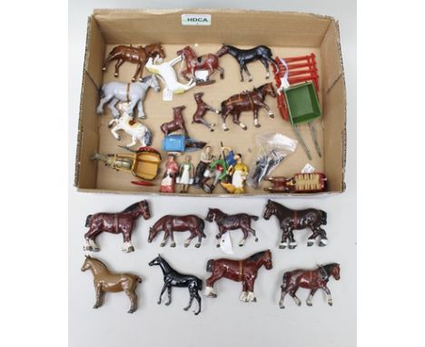 A QUANTITY OF CAST AND PAINTED LEAD HORSES including; Shires, Governess cart with donkey, miniature horse and horse drawn tra
