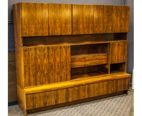 LARGE MID-20TH CENTURY DANISH MODERNIST ROSEWOOD SHELVING UNIT
three sectioned piece, top with two double and a single doored