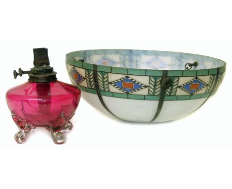 Edwardian coloured glass centre light shade and ruby glass oil lamp.