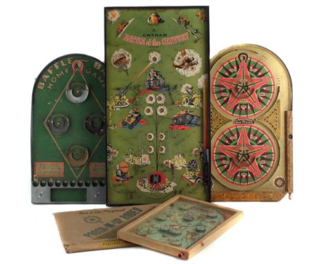 Four vintage Bagatelle board games, to include Poosh-Em-Up Rodeo, with box, Gotham Battle of the Century, Lindstrom's Gold St