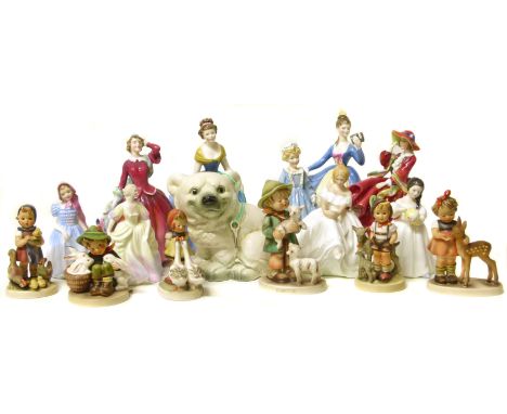Collection of figures, seven by Royal Doulton, one Coalport, one by Royal Worcester, seven Goebel.