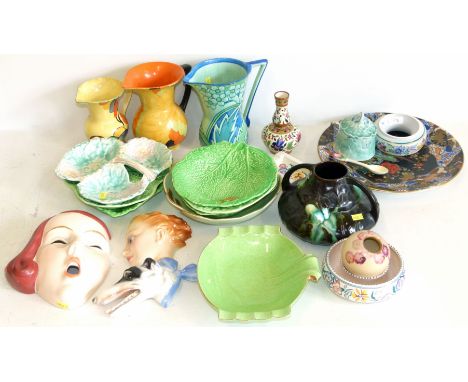 A group of art deco and later pottery including Carlton, Poole, Thomas Foresters, Wall masks, Leaf ware etc