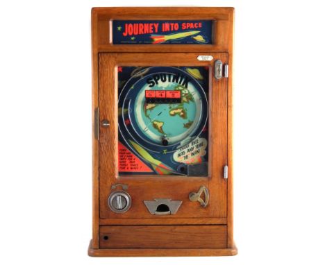 Parkers Automatic Supplies 'Journey into Space' penny slot pinball machine, seven hole game, with key to mechanism only, 81cm