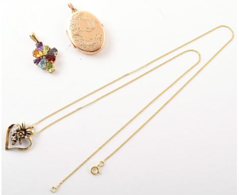 A 9ct gold Locket 9ct gold heart shaped pendant on 9ct chain and a 9ct stone set pendant