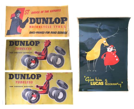 Three Dunlop Tyre promotion posters and a Christmas poster "Give Him a Lucas Accessory", 76cm (30") x 51cm (20").