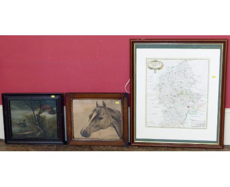Three framed artworks to include Robert Morden map of Staffordshire, Hand coloured engraving of a portrait of a horse, After 